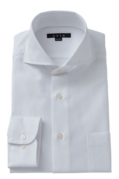 ozie|オジエ　からみ織り白シャツ・ホリゾンタルカラー・8070-I03F-WHITE