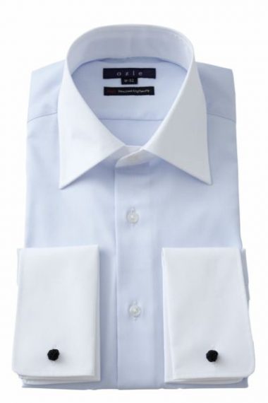 ozie|オジエ　サックス地に白のクレリックのダブルカフスシャツ
