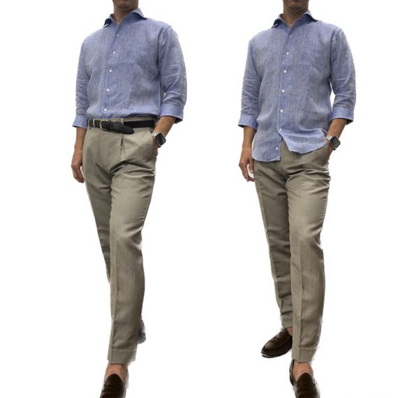 ozie|オジエ　麻7分袖シャツ・ブルーのシャツにベージュの麻混ワンタックパンツコーデ