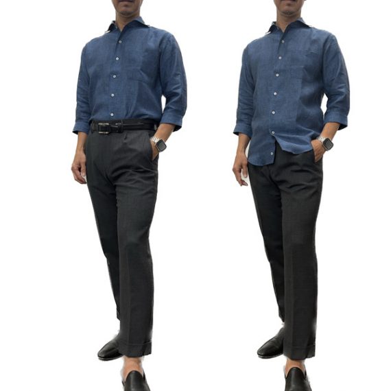 ozie|オジエ　7分袖麻シャツ・デニムっぽいインディゴブルーのシャツにグレーのワンタックパンツコーデ