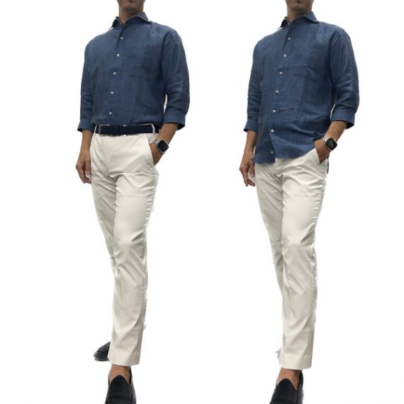 ozie|オジエ　7分袖麻シャツ・デニムっぽいインディゴブルーのシャツに白のノータックパンツコーデ