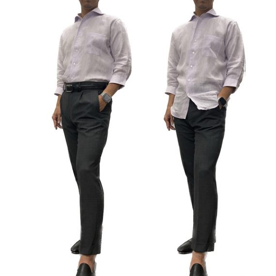 ozie|オジエ　7分袖麻シャツ・薄いパープルのシャツにグレーのワンタックパンツコーデ