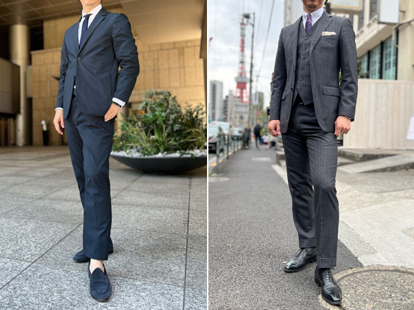 ozie|オジエ 肩パッドの入っていないカジュアルなスーツにニットタイ