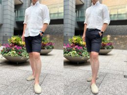 ozie|オジエ　白七分袖+紺ショートパンツの裾入れ＆裾出しコーデ