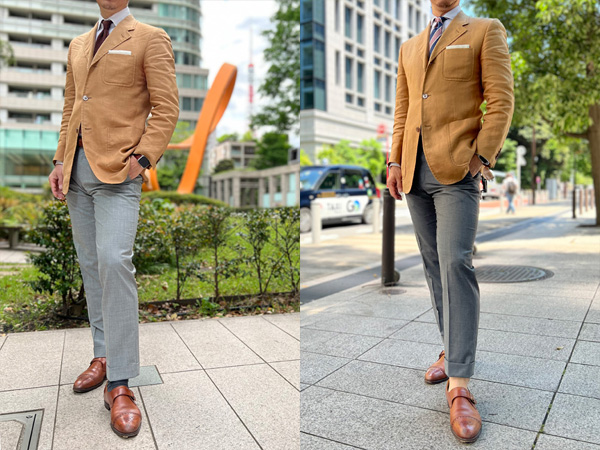 ozie|オジエ　麻のジャケットXミディアムグレーのパンツのコーディネート