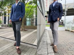 ozie|オジエ　ネイビー系のダブルのジャケットXミディアムグレーのパンツのコーディネート
