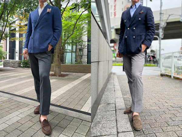 ozie|オジエ　ネイビー系のダブルのジャケットXミディアムグレーのパンツのコーディネート