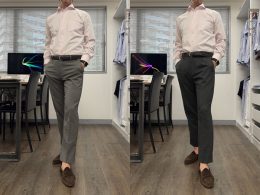 ozie|オジエ　ピンクシャツXミディアムグレーのパンツのコーディネート