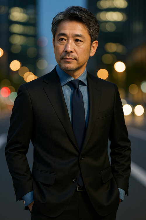 ozie|オジエ ブラックスーツにデニム調シャツのコーデイメージ