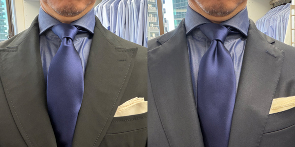 ozie|オジエ 黒とネイビースーツ+デニム調シャツ+ネイビータイ