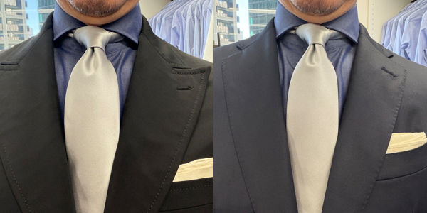 ozie|オジエ 黒とネイビースーツ+デニム調シャツ+シルバータイ