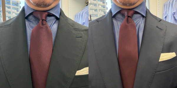 ozie|オジエ 黒とネイビースーツ+デニム調シャツ+ワインレッドタイ