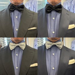 ozie|オジエ　黒スーツとネイビースーツ+デニム調シャツ+黒とシルバーの蝶ネクタイ