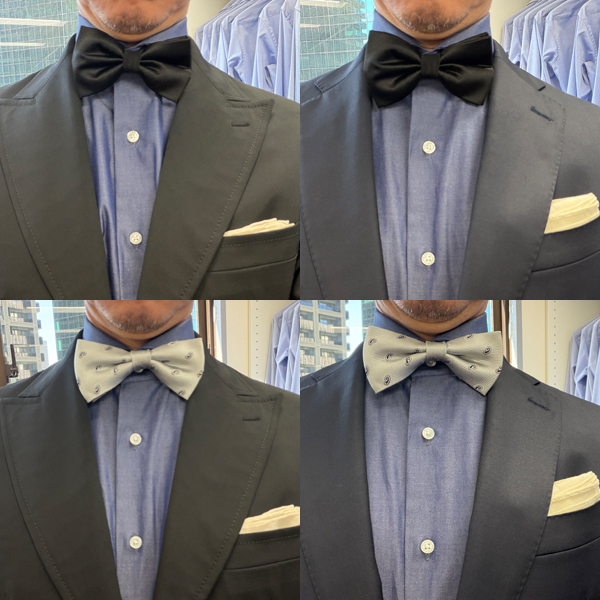 ozie|オジエ 黒スーツとネイビースーツ+デニム調シャツ+黒とシルバーの蝶ネクタイ