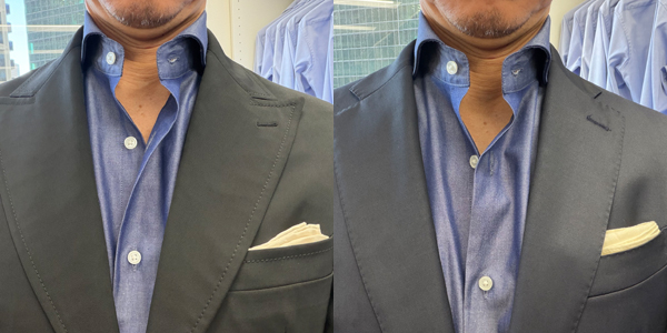 ozie|オジエ 黒とネイビースーツ+デニム調シャツ+ノーネクタイ