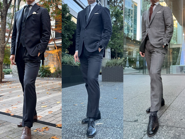 ozie|オジエ　ウール100％で光沢のある、タイドアップ前提のクラシックなスーツ例