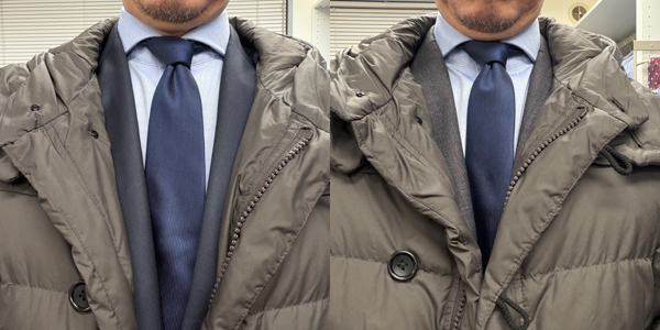 ozie|オジエ　ダウンに「合わない」スーツ＋ダウン・襟もと