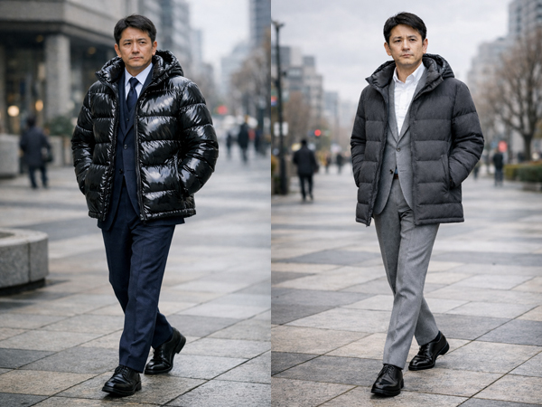 ozie|オジエ　ダウンとスーツのあわせは、ダウンジャケットの着丈が重要！