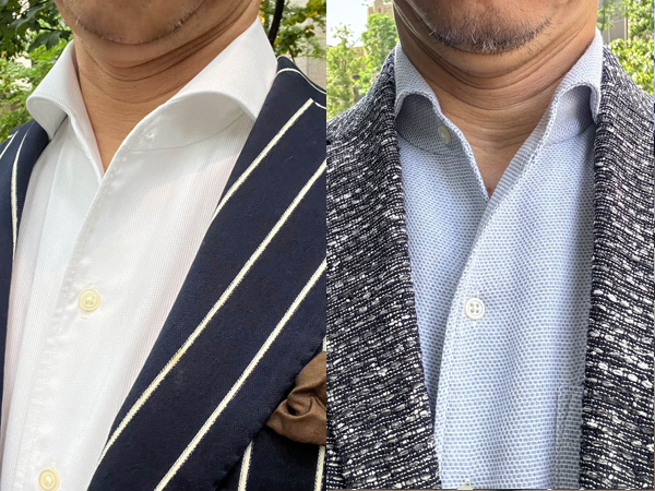 ozie|オジエ　白・淡いブルーのドビー生地のシャツ