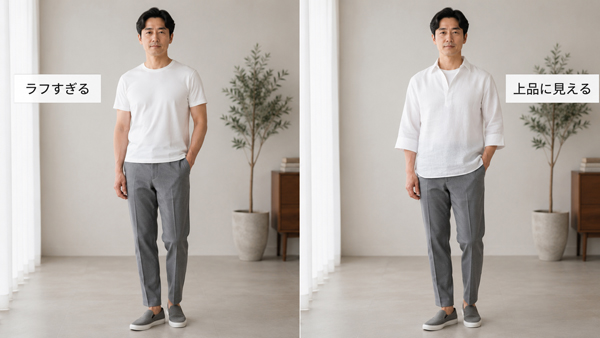 ozie|オジエ 半袖Tシャツの着こなしとカプリシャツの着こなしの比較