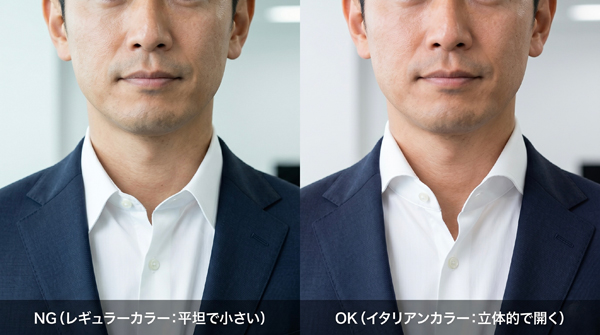 ozie|オジエ レギュラーカラーとイタリアンカラーのノータイ比較