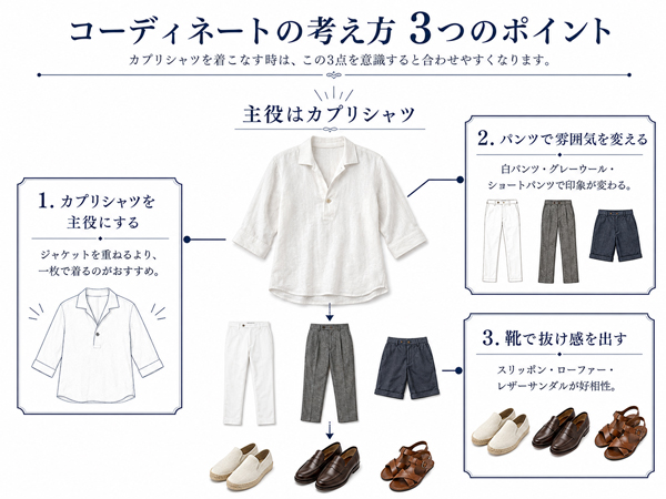 ozie|オジエ カプリシャツのコーディネートの3つのポイント