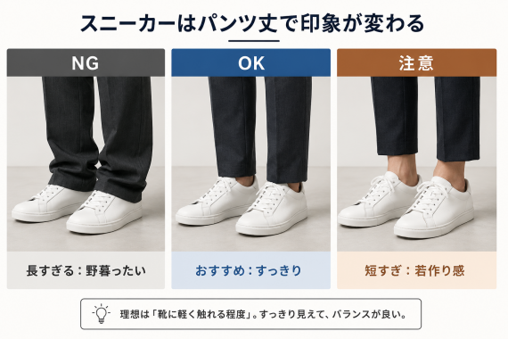 ozie|オジエ ビジネススニーカーはパンツ丈で印象が変わる