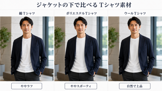 ozie|オジエ ジャケットの下で比べるTシャツ素材