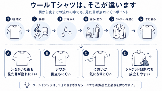 ozie|オジエ ウールTシャツを一日着た時の特徴