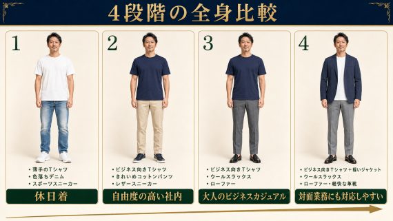 ozie|オジエ Tシャツの4つの全身コーデ比較