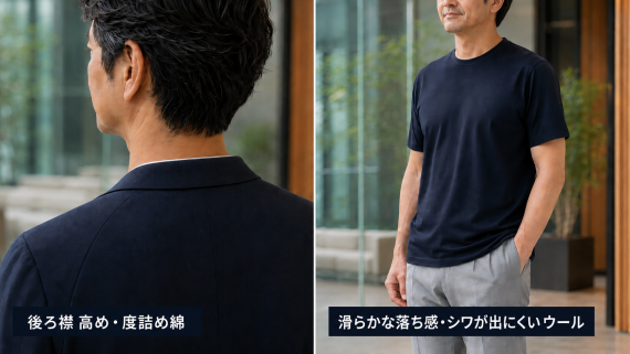 ozie|オジエ 後ろ襟を高めに設計の綿100%TシャツとREDA ACTIVEのウールTシャツ