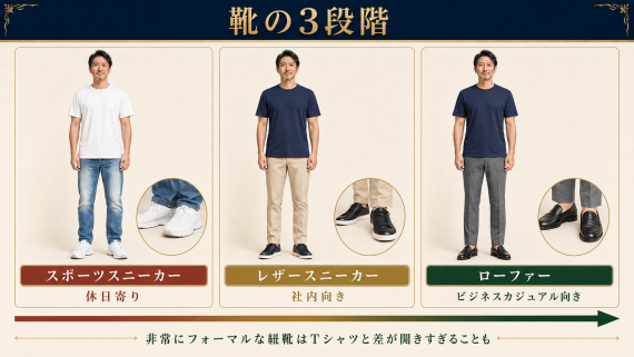 ozie|オジエ Tシャツと靴のコーデ3パターン