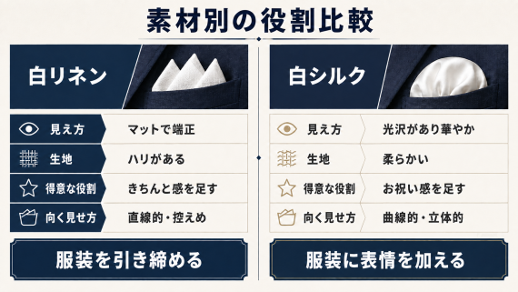 ozie|オジエ　白リネンとシルクポケットチーフの役割比較