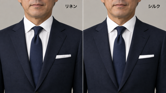 ozie|オジエ　TVフォールドでの麻とシルク白ポケットチーフの比較