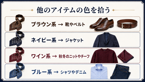 ozie|オジエ ミニネクタイ着用でキザに見せないポイント2-全身のどこかの色を拾う