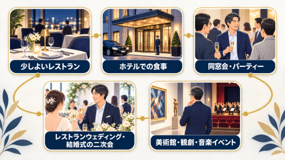 ozie|オジエ ノーネクタイだと華やかさが足りない場面